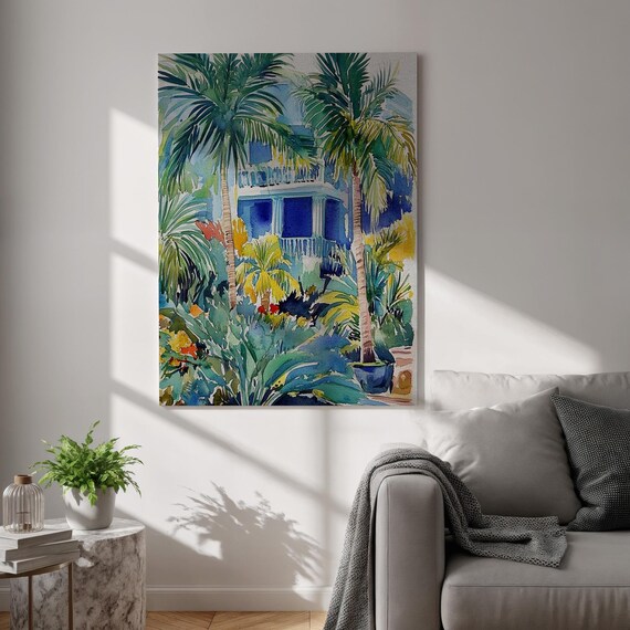 Tropical Palm Trees Blue House Watercolor Garden Painting Poster