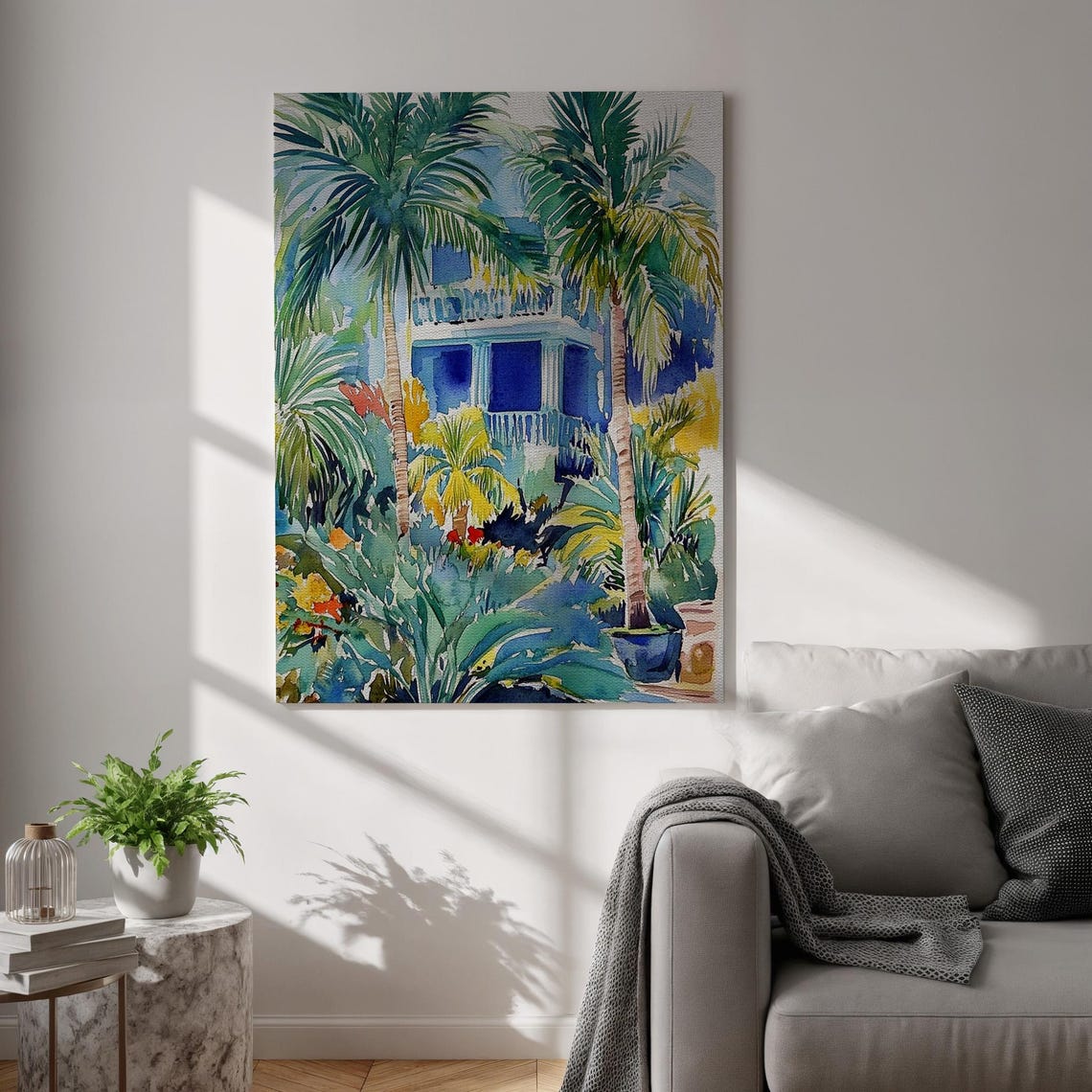 Tropical Palm Trees Blue House Watercolor Garden Painting Poster