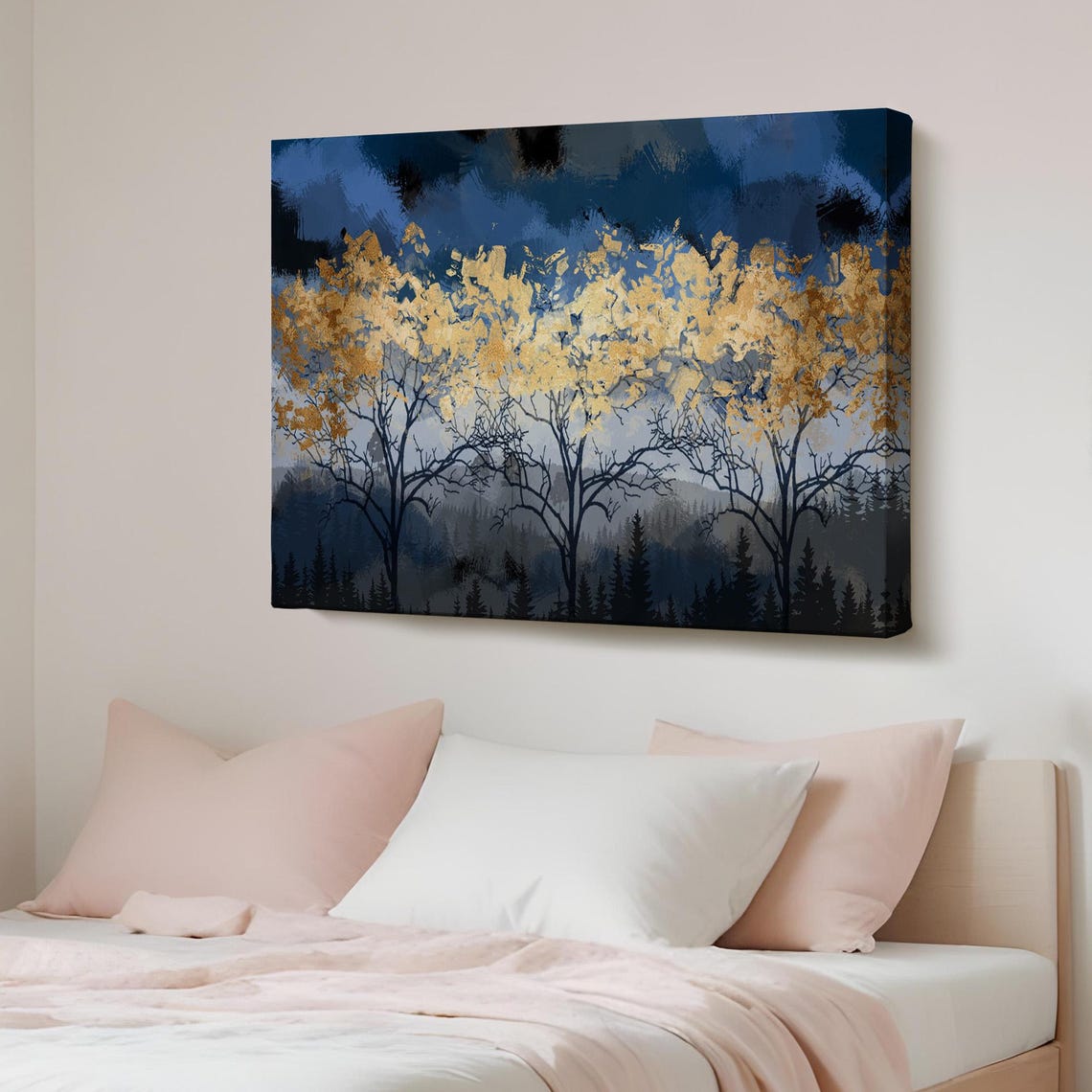 Midnight Forest Moody Gold Leaf Treetops Dark Blue Pines Wall Art