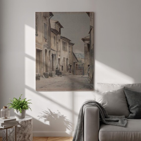 Old European Village Street Vintage Watercolor Rustic Art Print