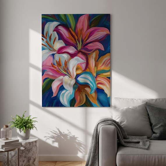 Vibrant Lilies Colorful Blooming Flowers Painterly Floral Art Poster