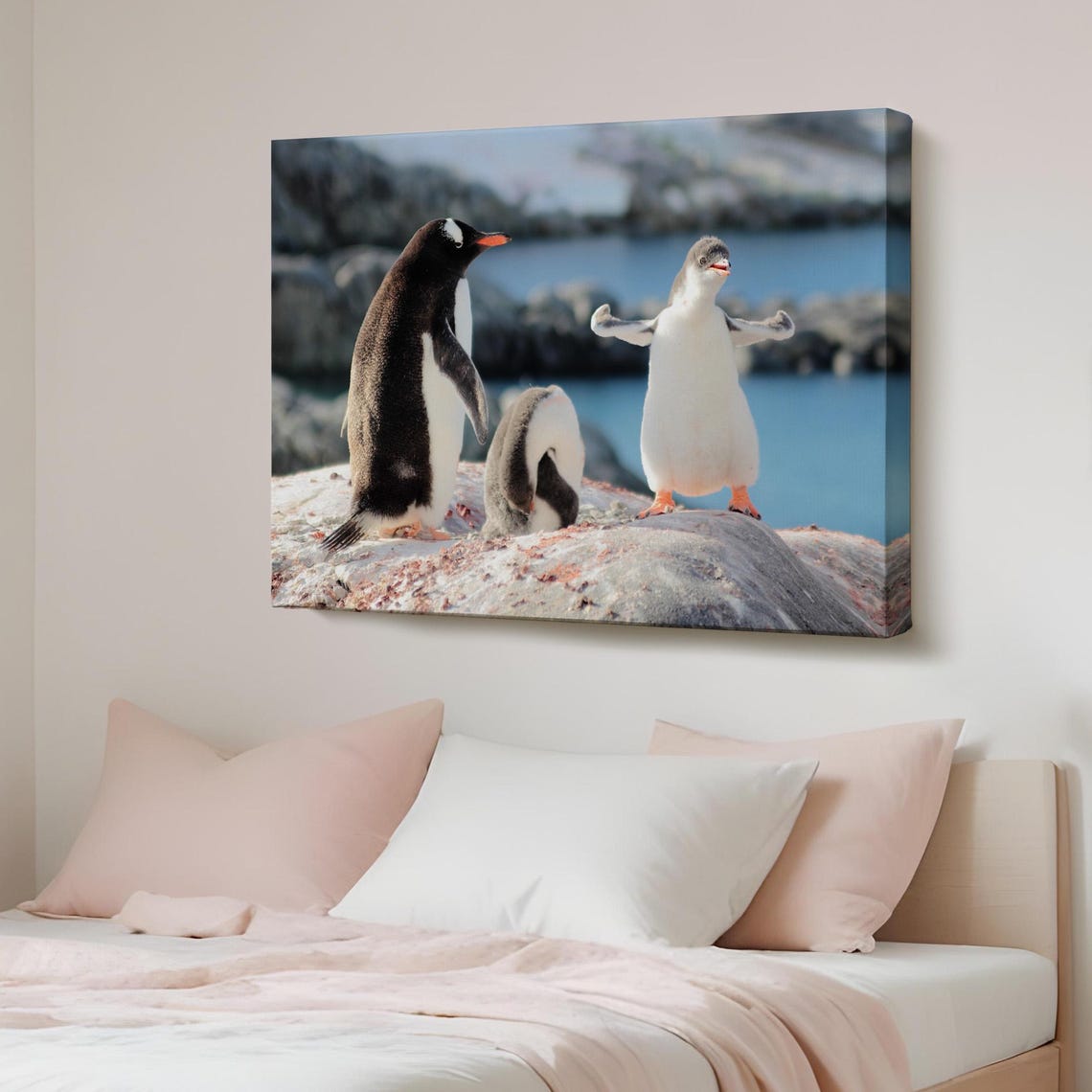 Happy Gentoo Penguins Rocky Shore Adorable Penguin Family Poster