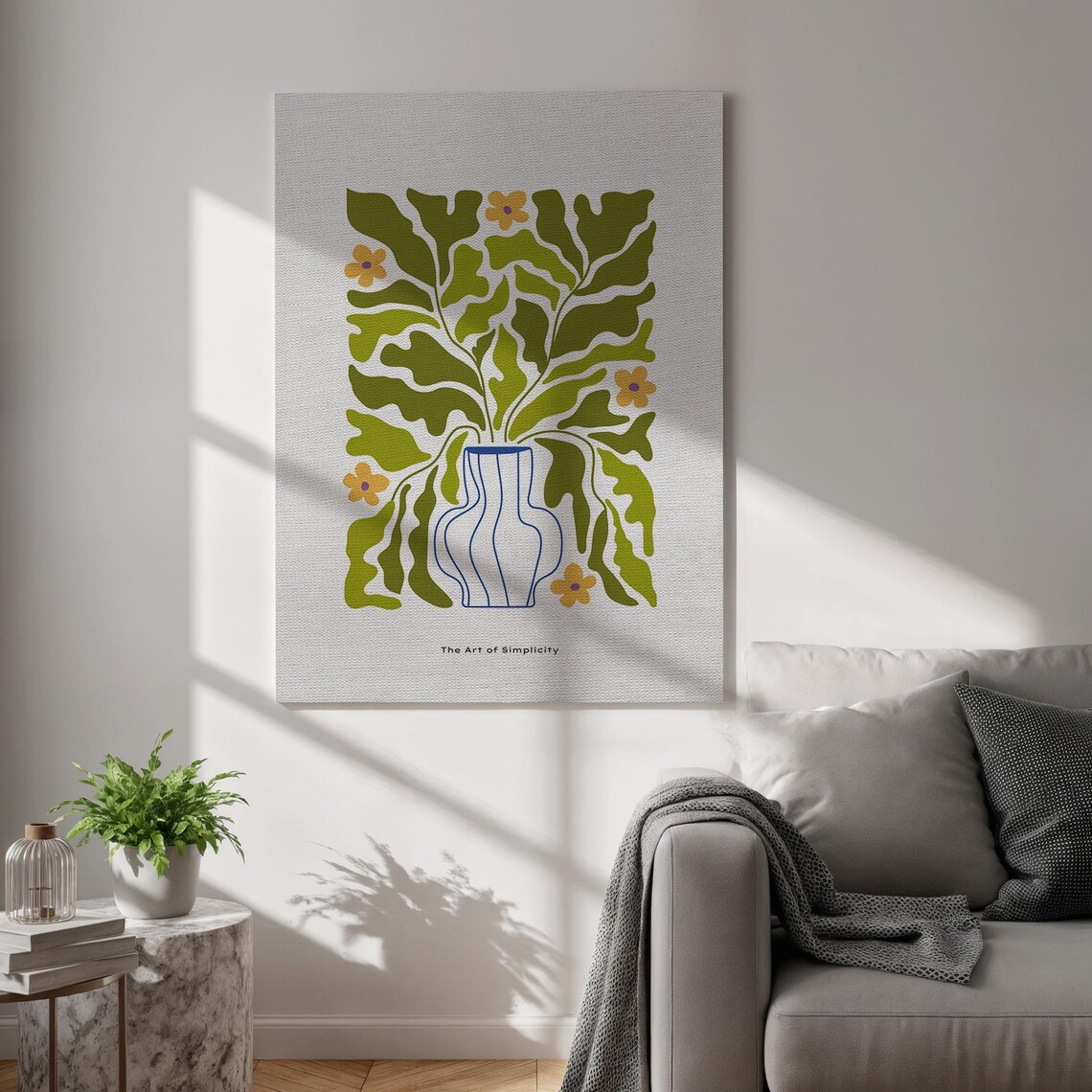 This Botanical Canvas Features Green Leaves In A Striped Vase It Adds Organic Charm To Any Space Framed And Modern Or Boho