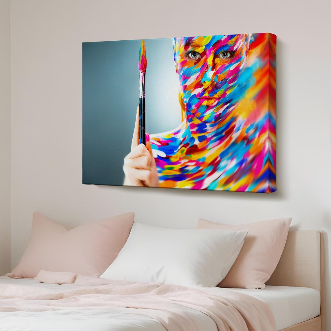 Colorful Painted Woman Artist Brush Portrait Modern Canvas Print