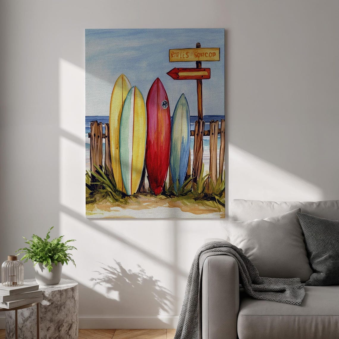 Colorful Surfboards Beach Fence Wooden Signpost Summer Surf Poster