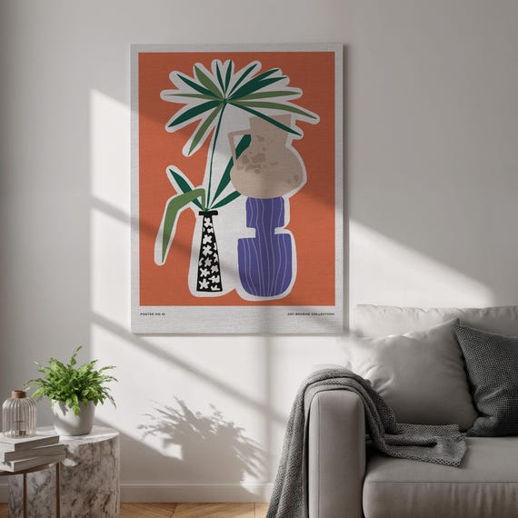 Modern Boho Vase Canvas Wall Art Tropical Plant Illustration Print Abstract Colorful Poster Framed Decor For Studio And Living Room