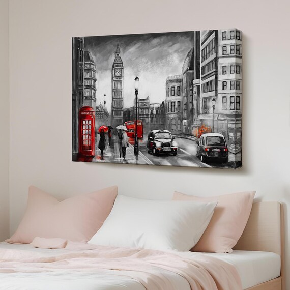 London Big Ben Red Phone Booth Rainy Street Oil Painting Poster