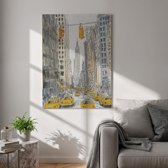 New York City Sketch Yellow Taxi Traffic Manhattan Street Scene Poster