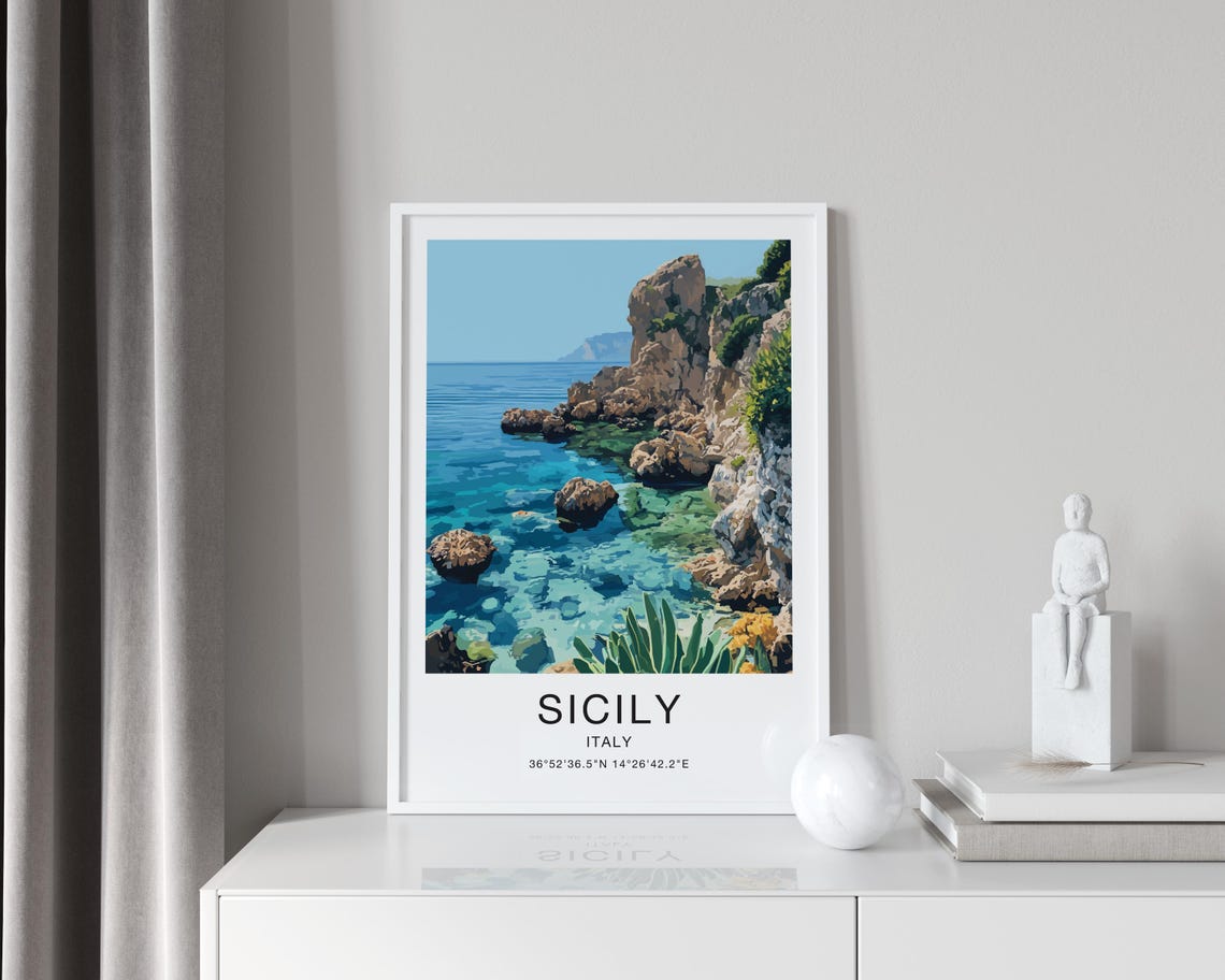 Sicily Italy Travel Poster Rocky Cove Turquoise Water Coast Artwork - Image 4