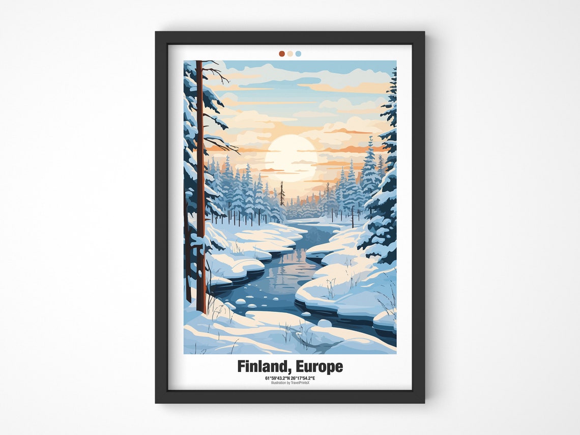 Finland Europe Snowy Pine Forest River Sunset Winter Travel Poster