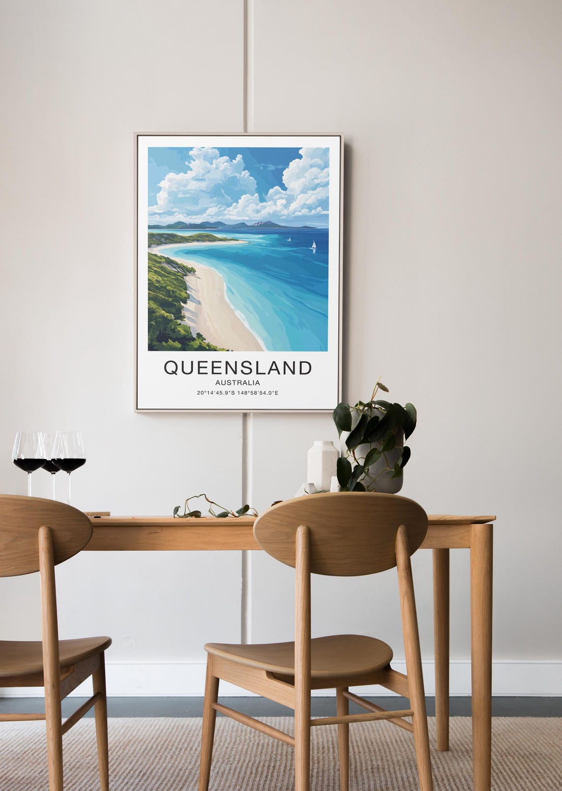 Queensland Australia Travel Poster Curving Beach Sailboats Ocean Art - Image 3