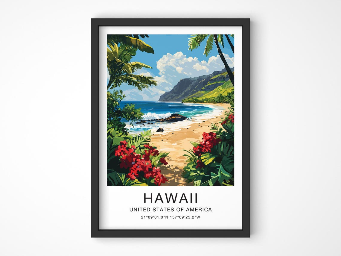 Hawaii Travel Poster Tropical Beach Palms Red Flowers Illustration Art