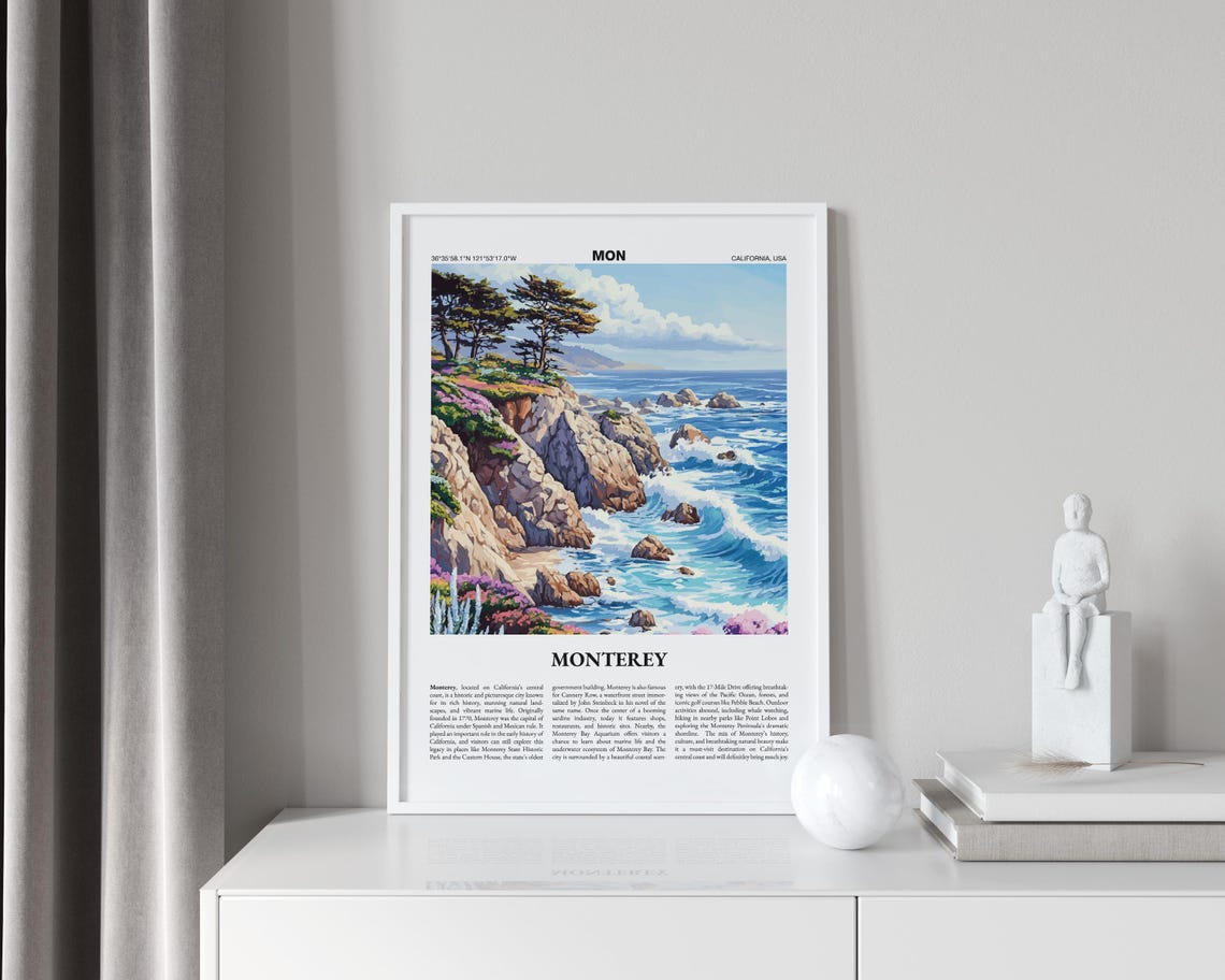 Monterey California Poster City Guide Cypress Cliffs Ocean Waves Art - Image 4