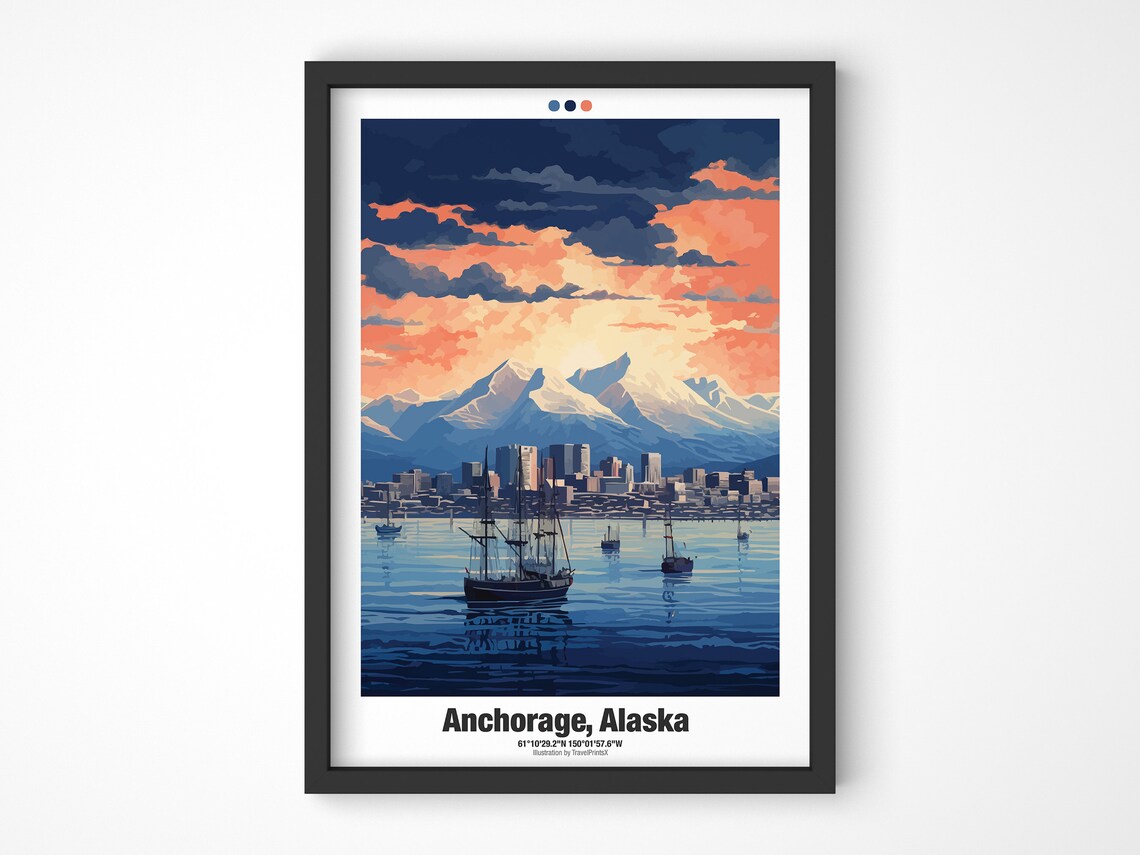 Anchorage Alaska Harbor Snowy Mountain Tall Ships Sunset Travel Poster - Image 4