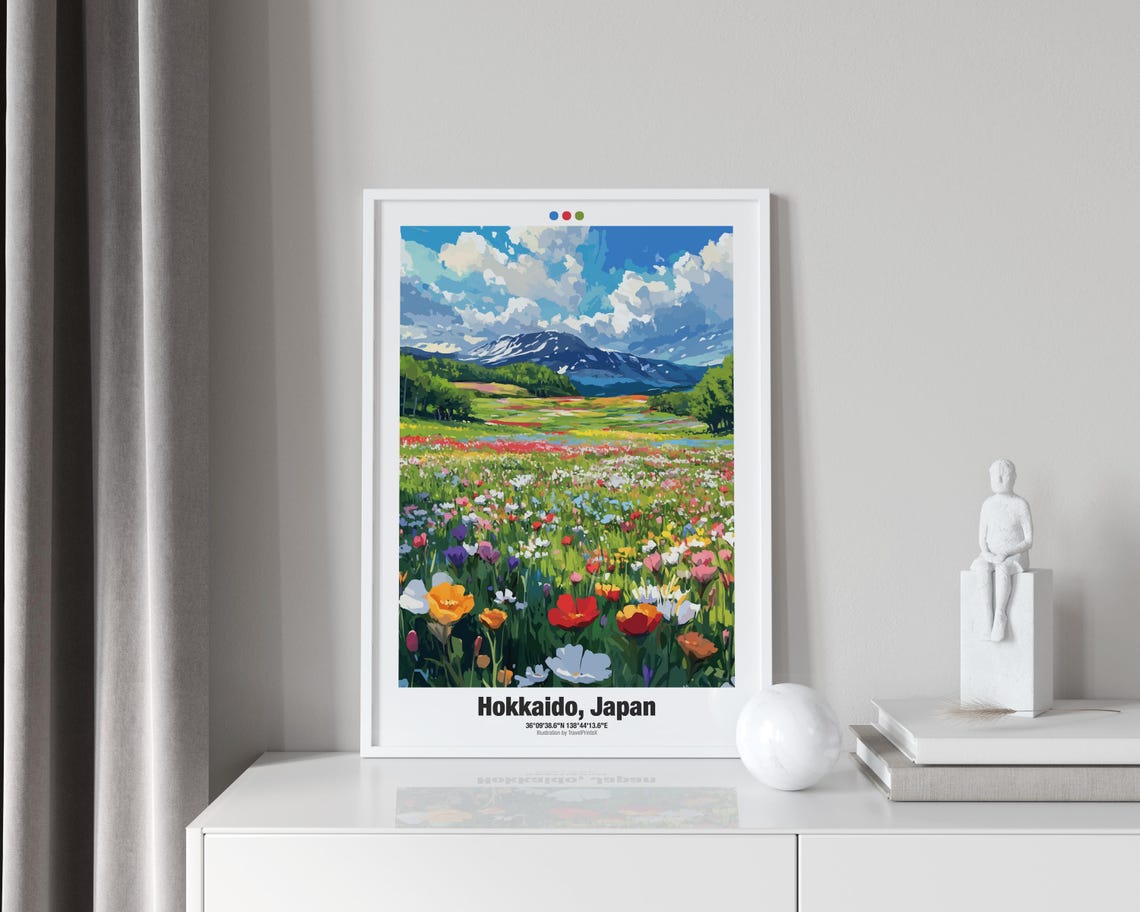 Hokkaido Japan Travel Poster Wildflower Field Snow Mountain Artwork - Image 2