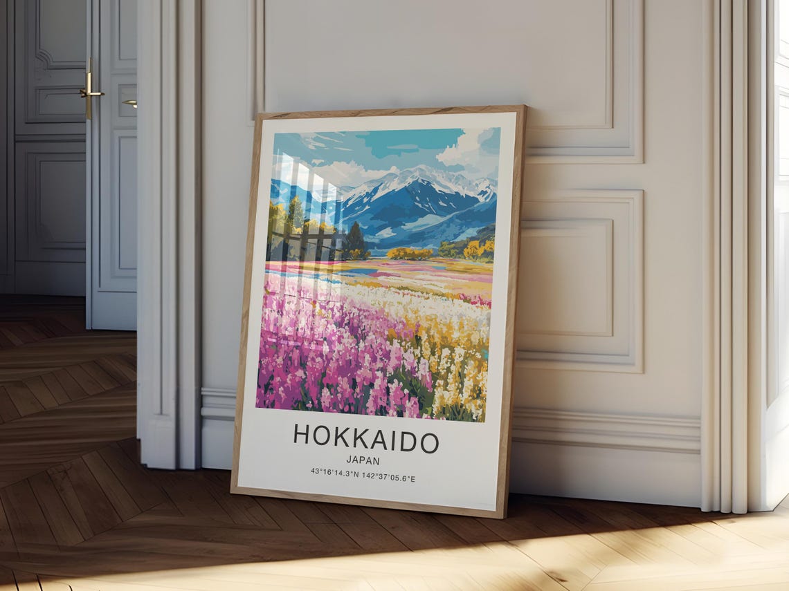 Hokkaido Japan Travel Poster Pink Flower Fields Snow Mountains Art - Image 3