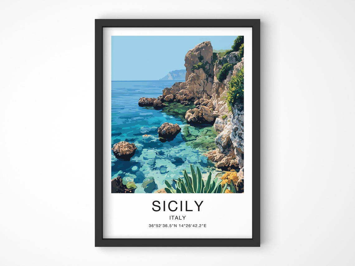 Sicily Italy Travel Poster Rocky Cove Turquoise Water Coast Artwork