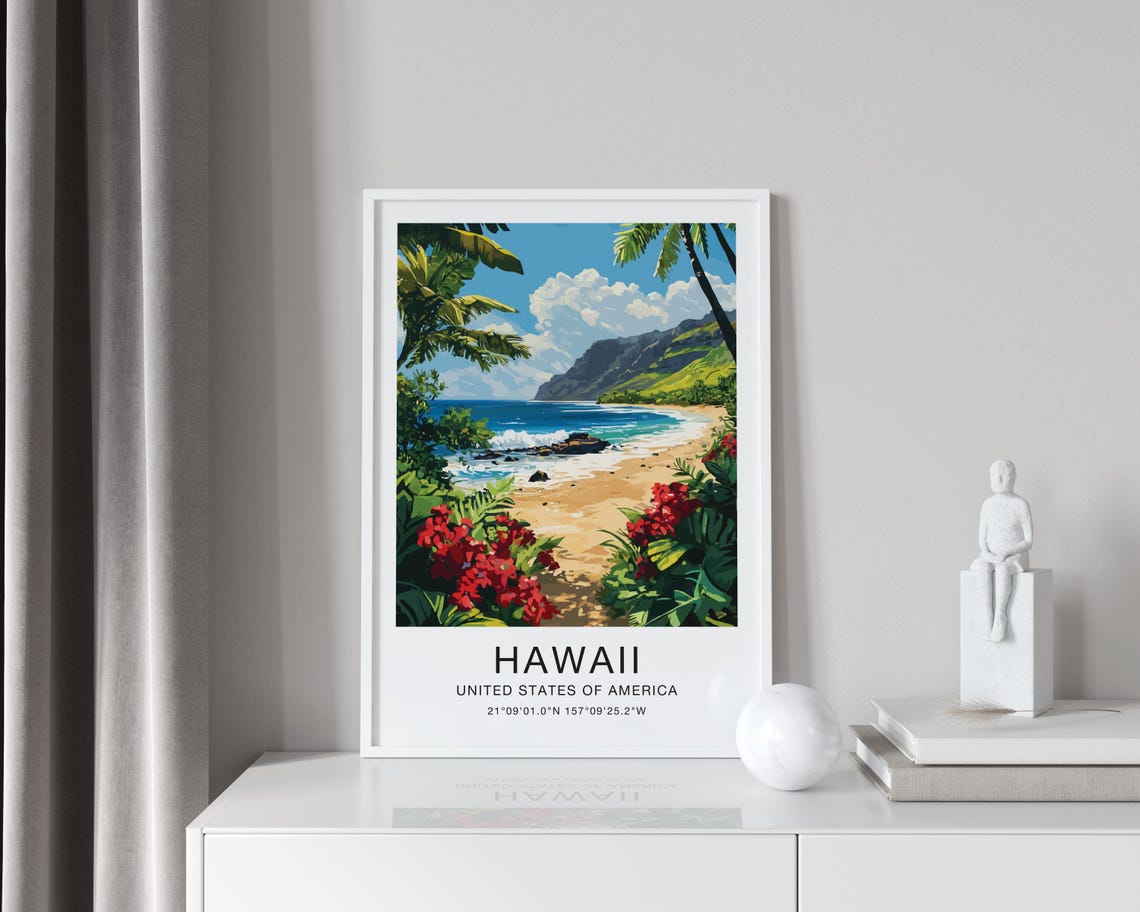 Hawaii Travel Poster Tropical Beach Palms Red Flowers Illustration Art - Image 4