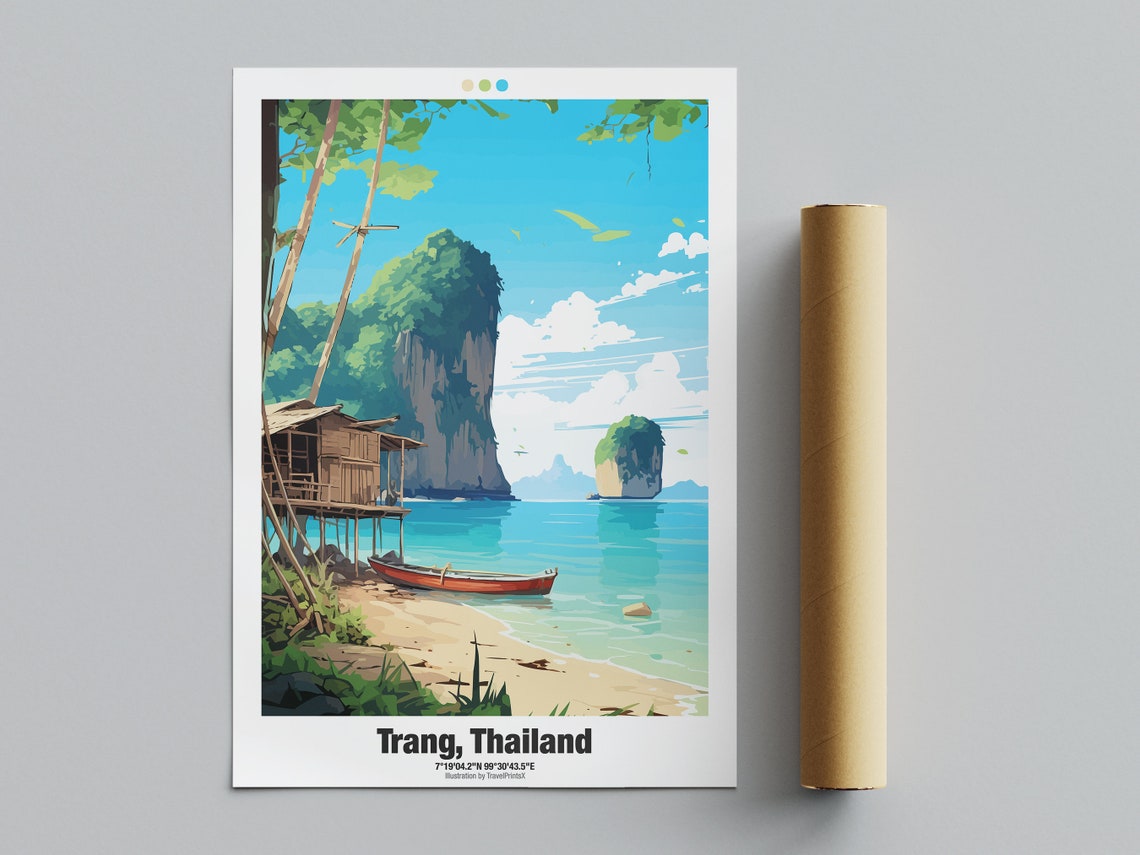 Trang Thailand Secluded Beach Karsts Stilt Hut Longtail Boat Poster
