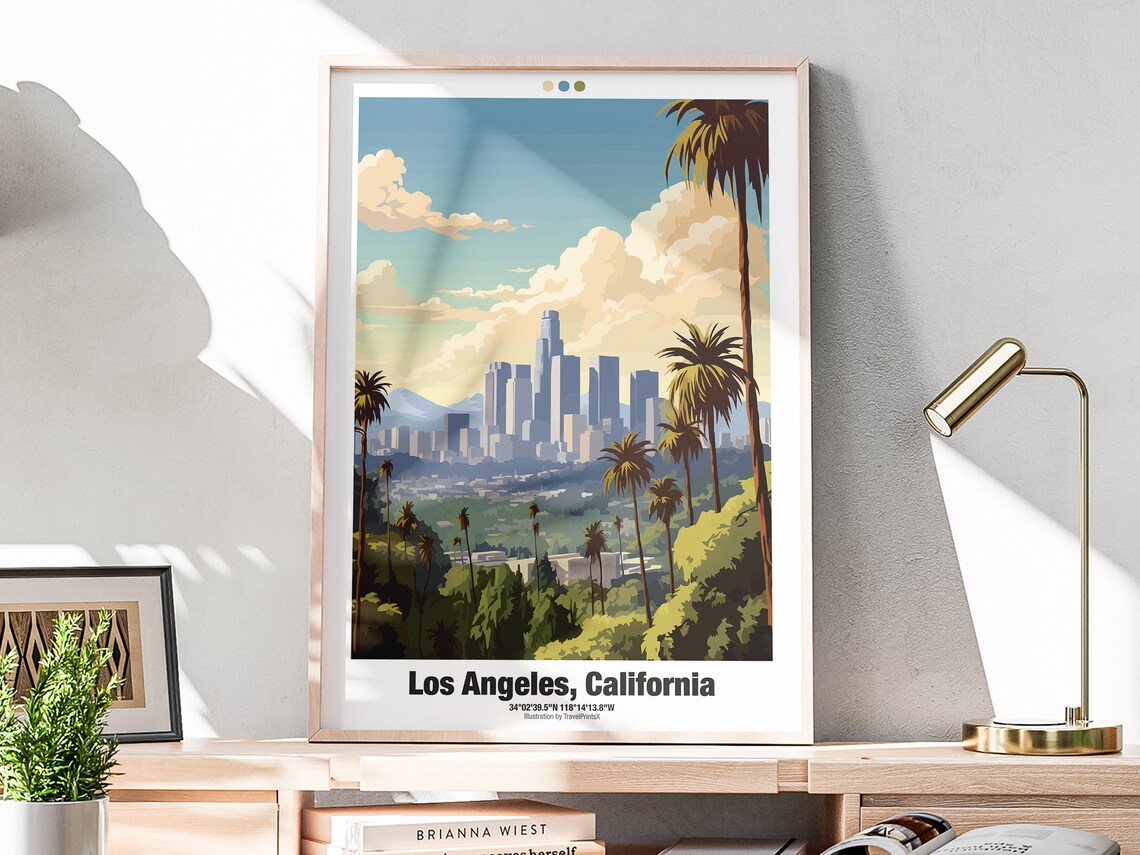 Los Angeles California Downtown Skyline Palm Trees Sunset Travel Poster - Image 2