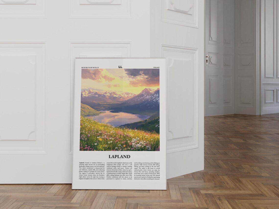 Lapland Finland Travel Poster City Guide Mountain Lake Sunset Art - Image 2