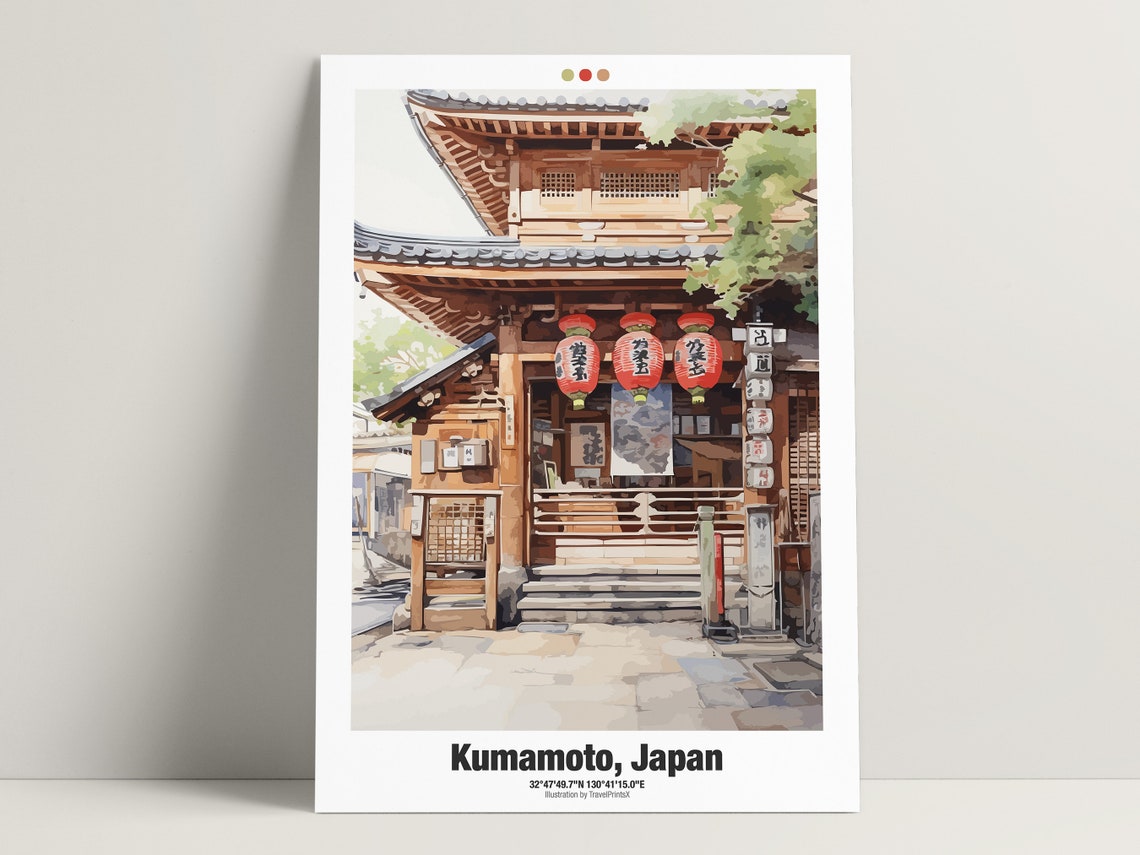 Kumamoto Japan Watercolor Temple Gate Lanterns Travel Poster - Image 3
