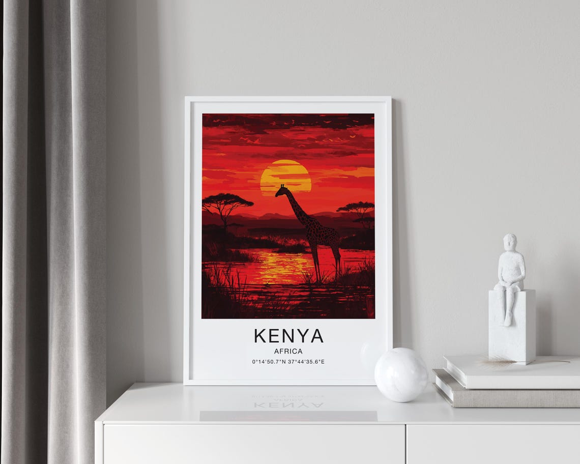 Kenya Africa Travel Poster Giraffe Sunset Savanna Silhouette Artwork - Image 4