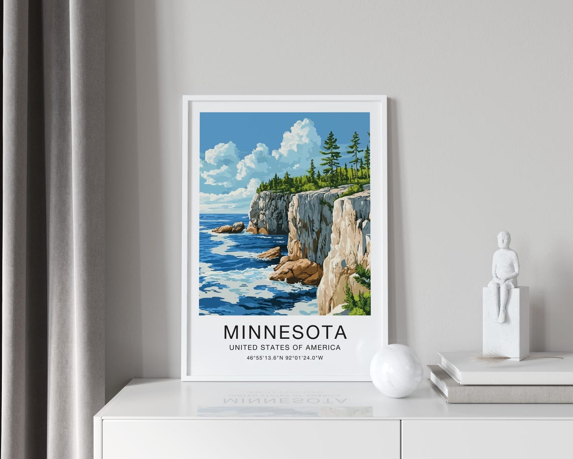 Minnesota USA Travel Poster Rocky Lake Cliffs Pine Forest Waves Art - Image 4