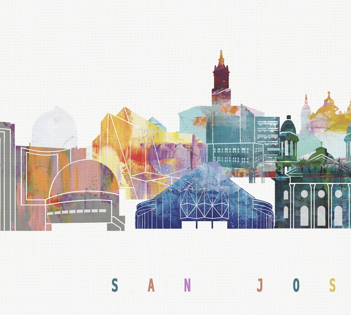 San Jose California Colorful Watercolor Skyline Art Modern Home Decor Poster - Image 2