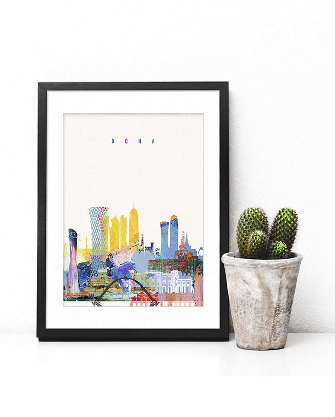 Doha Qatar Modern Watercolor City Skyline Skyscrapers Poster - Image 2