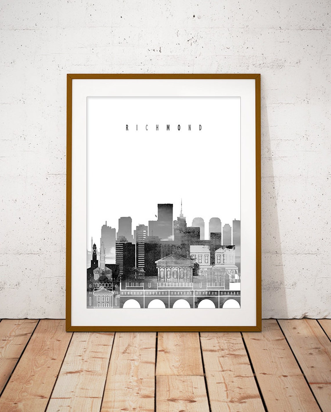 Richmond Black and White Skyline Bridge Minimalist Decor Poster