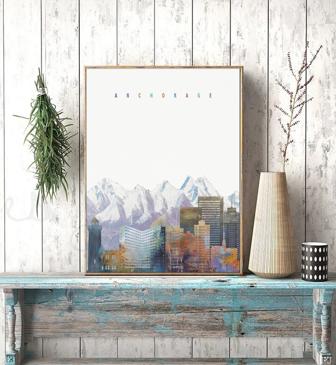 Anchorage Alaska Watercolor Skyline Snowcapped Mountains Art Poster