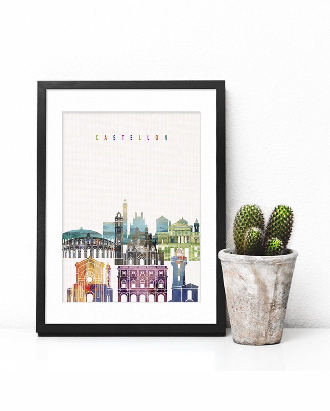 Castellon Spain Colorful Watercolor City Skyline Landmarks Poster - Image 2