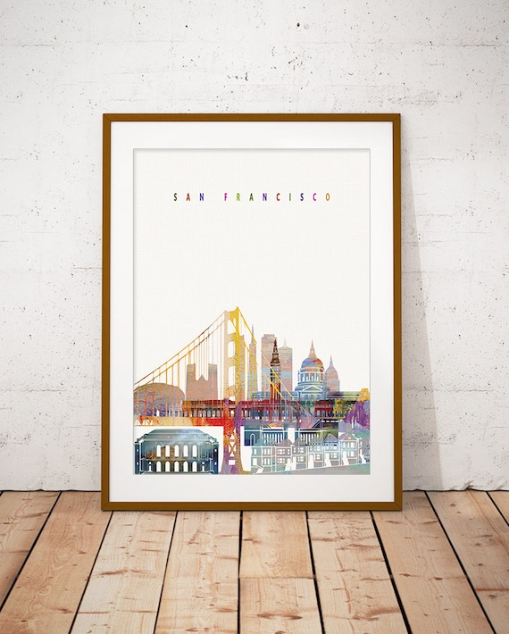 San Francisco Golden Gate Bridge Watercolor Skyline Art Poster