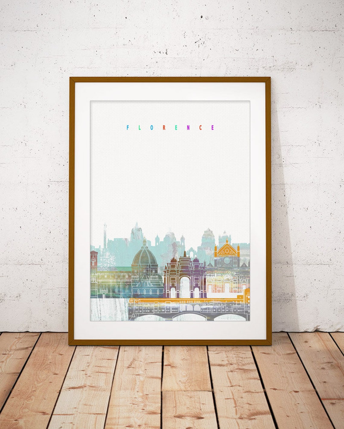 Florence Italy Watercolor Skyline Duomo Bridge Pastel Letter Poster