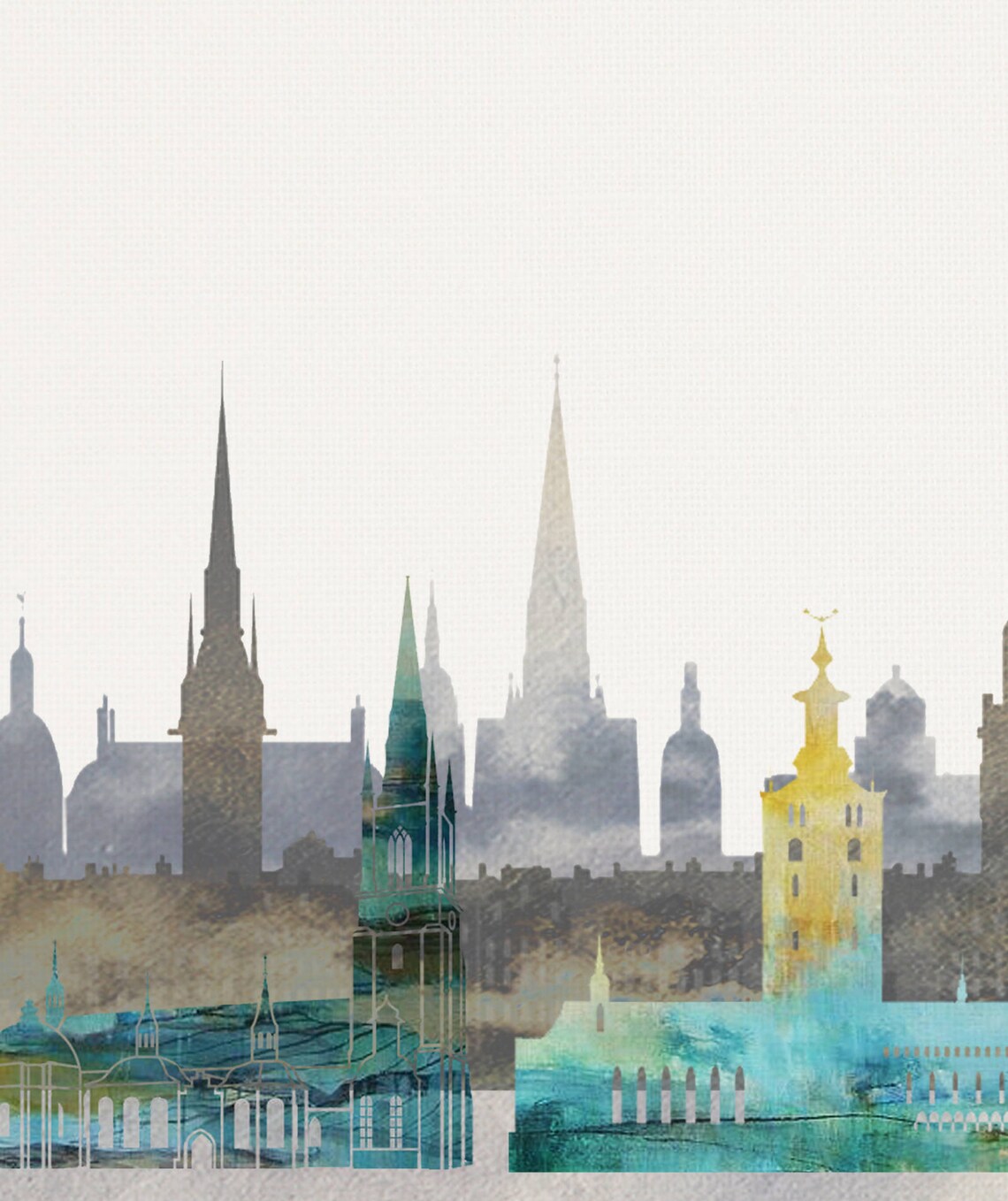 Stockholm Sweden Watercolor Skyline Pastel Letters City Hall Poster - Image 2