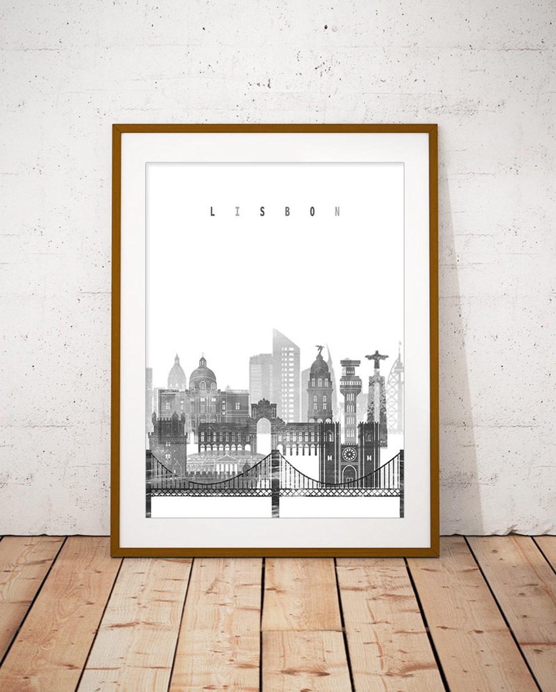 Lisbon Black and White City Skyline Portugal Print Decor Modern Gift