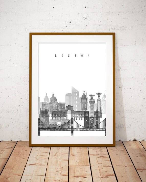 Lisbon Black and White City Skyline Portugal Print Decor Modern Gift