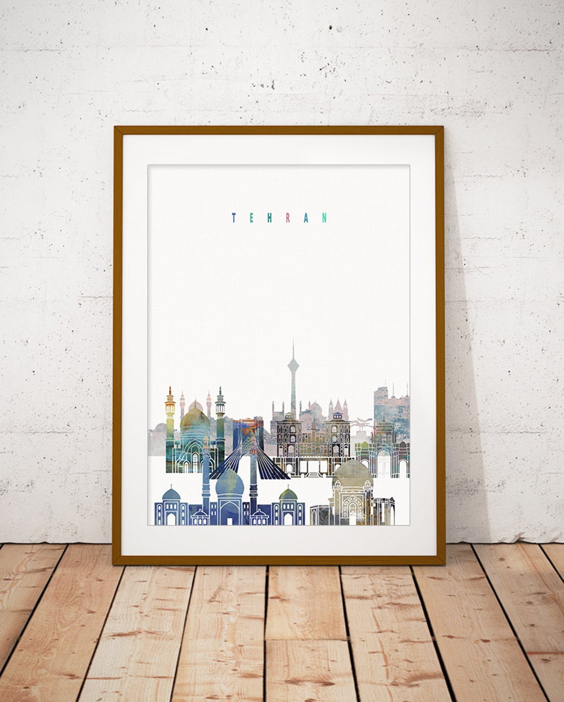 Tehran Iran Watercolor City Skyline with Mosque Domes Poster