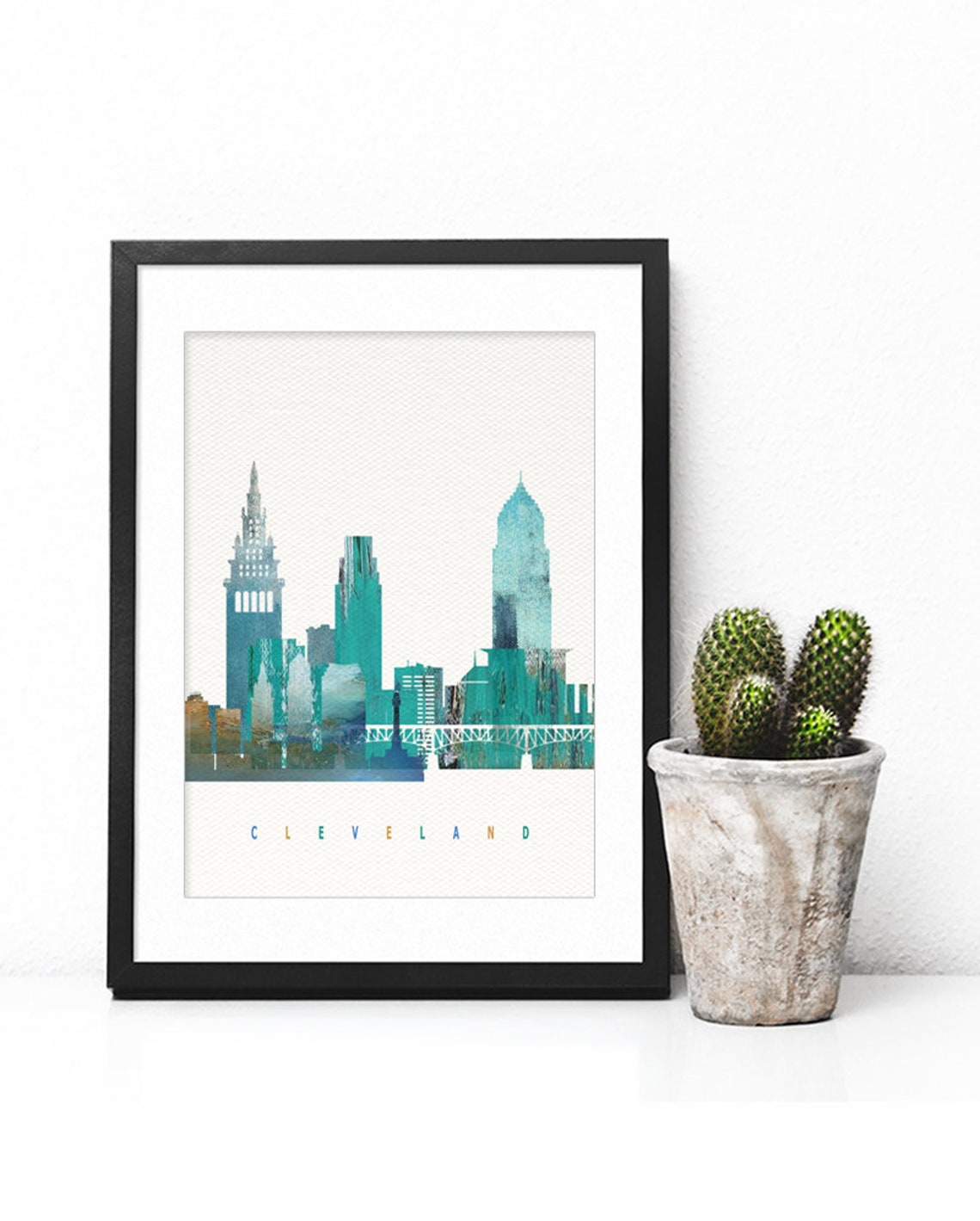 Cleveland Teal Watercolor City Skyline Modern Home Decor Poster - Image 2