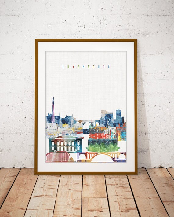 Luxembourg Colorful Watercolor City Skyline Landmarks Art Poster