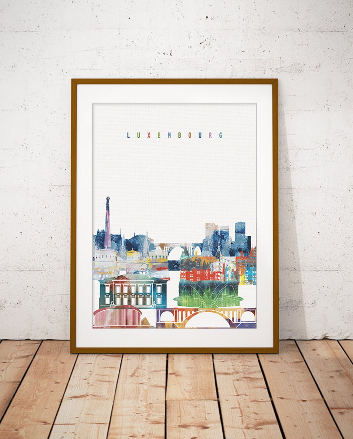 Luxembourg Colorful Watercolor City Skyline Landmarks Art Poster