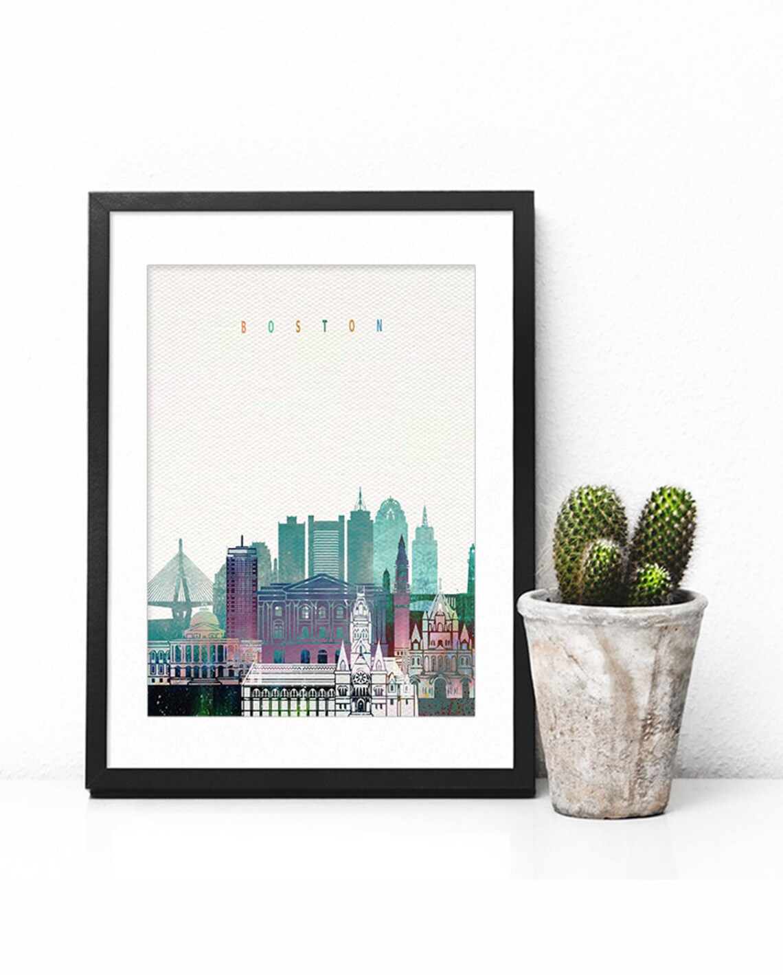 Boston Massachusetts Colorful Watercolor City Skyline Art Poster - Image 2