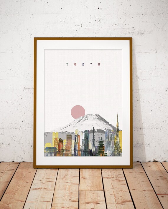 Tokyo Japan Watercolor Skyline Mount Fuji Red Sun Pastel Art Poster
