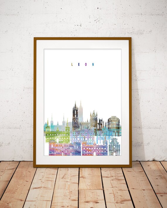 Leon Spain Colorful Watercolor City Skyline Landmarks Poster