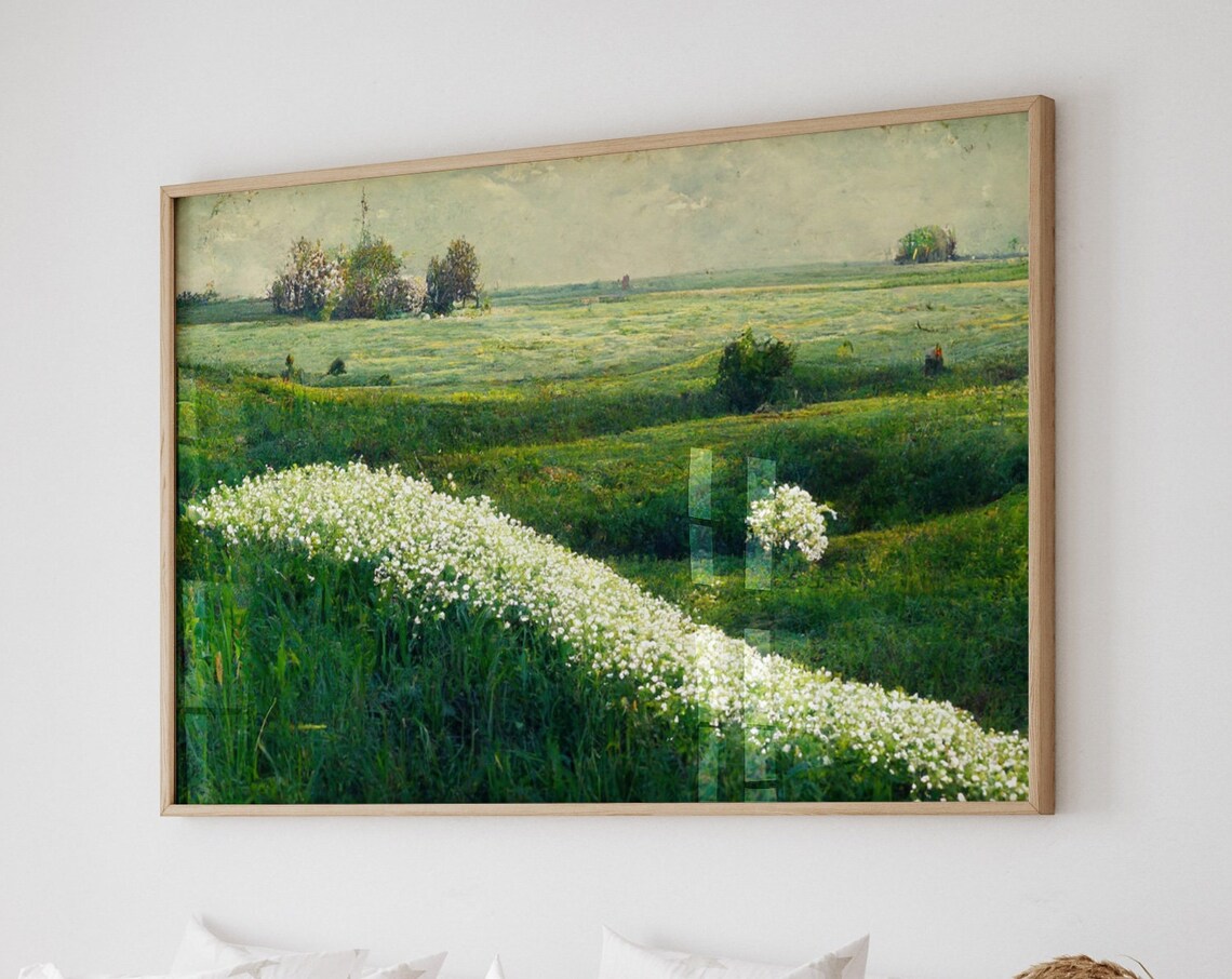 Vintage Spring Meadow Painting, Farmhouse Landscape Art Print - Image 3