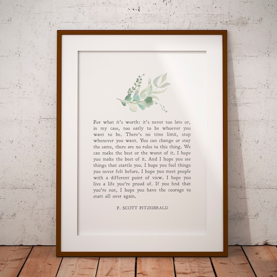 F Scott Fitzgerald Never Too Late Quote Botanical Minimalist Poster