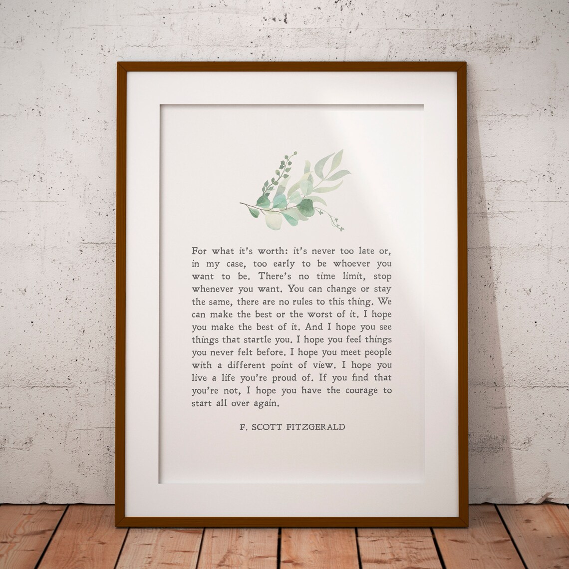 F Scott Fitzgerald Never Too Late Quote Botanical Minimalist Poster
