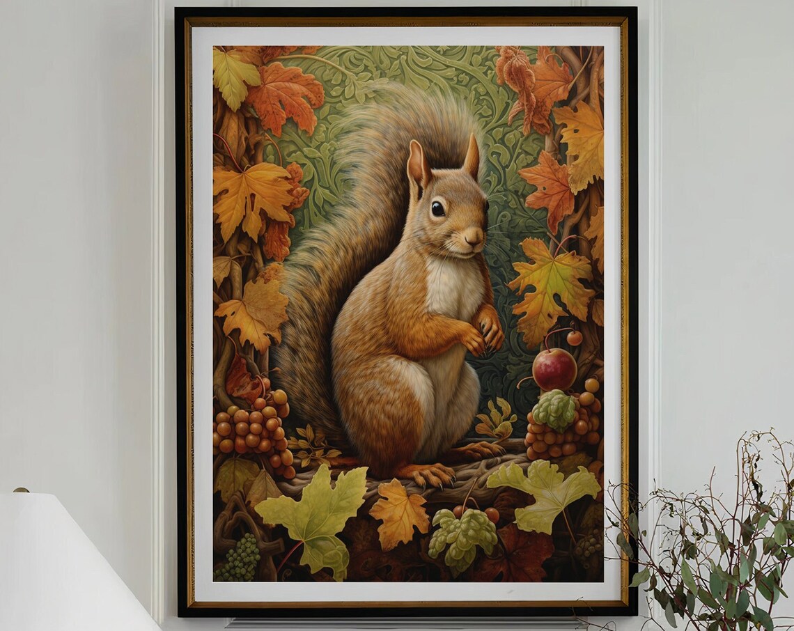 William Morris Inspired Squirrel Autumn Art Print - Image 4