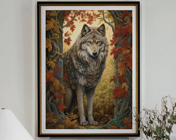 Grey Wolf Portrait Framed by Golden Autumn Maple Leaves Poster